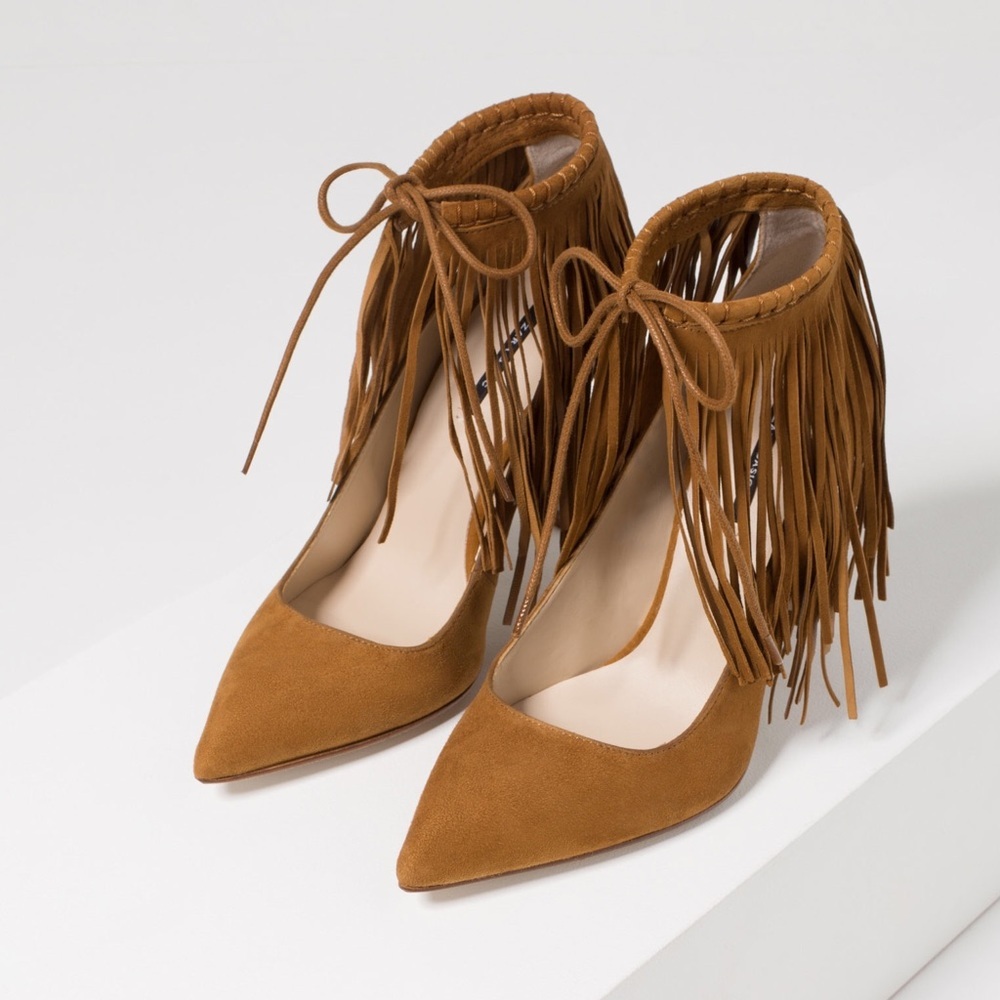 ZARA FRINGED TASSEL LEATHER POINTED HIGH HEELS NEW WITH TAGS US 6 EUR 36